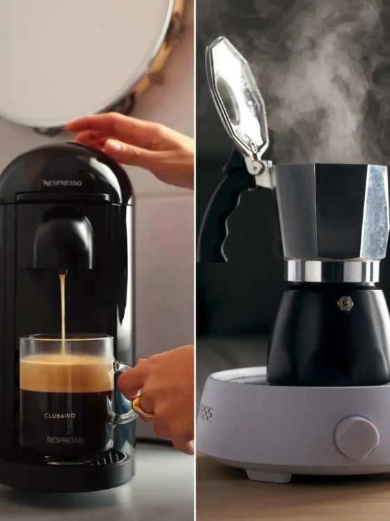 a nespresso machine and a moka pot