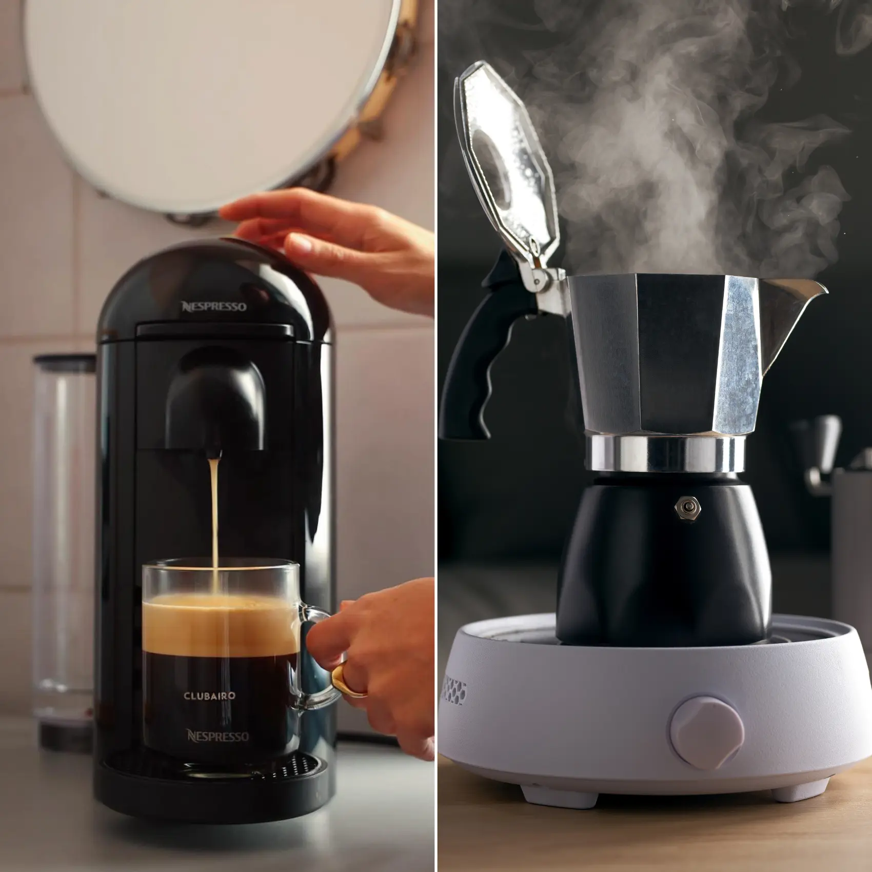 a nespresso machine and a moka pot