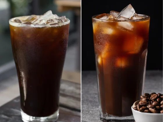 a collage of a glass of iced americano and iced coffee and a bowl of coffee beans