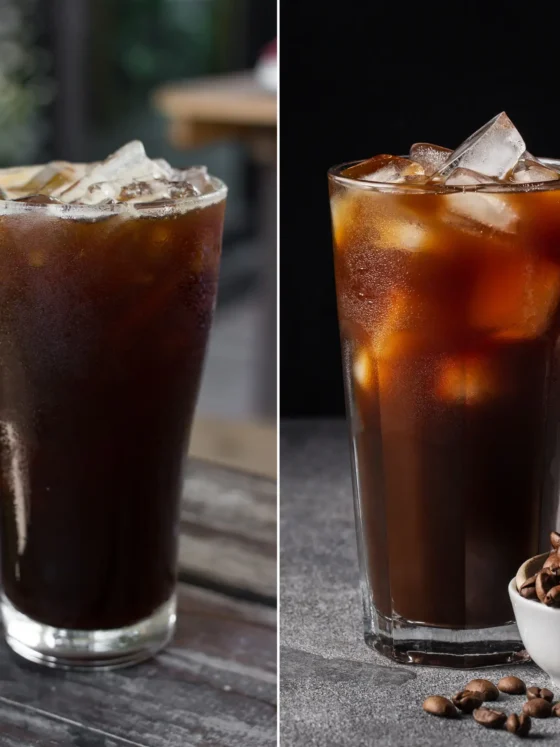 a collage of a glass of iced americano and iced coffee and a bowl of coffee beans