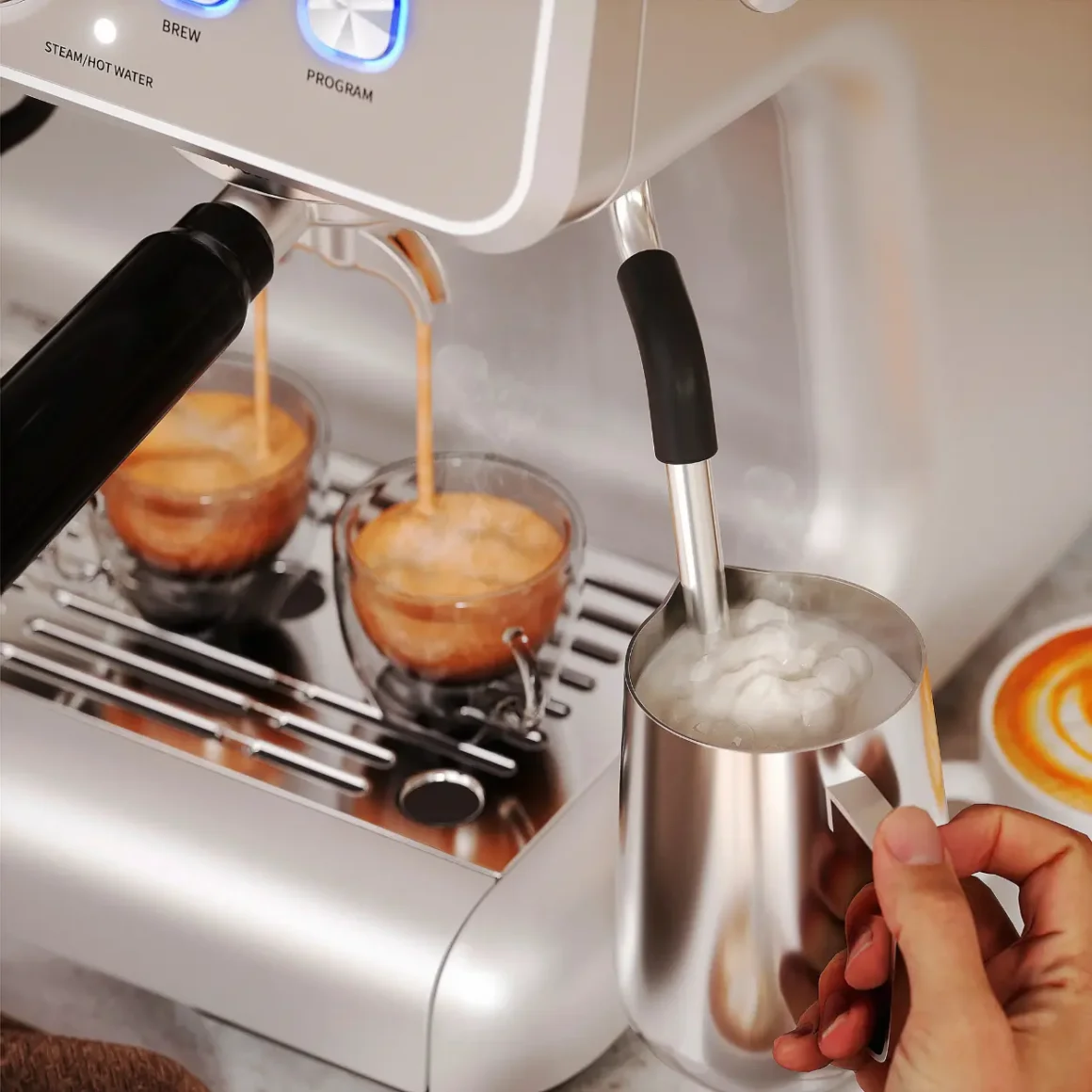 a gevi espresso machine gecme020de-u pouring coffee into two cups