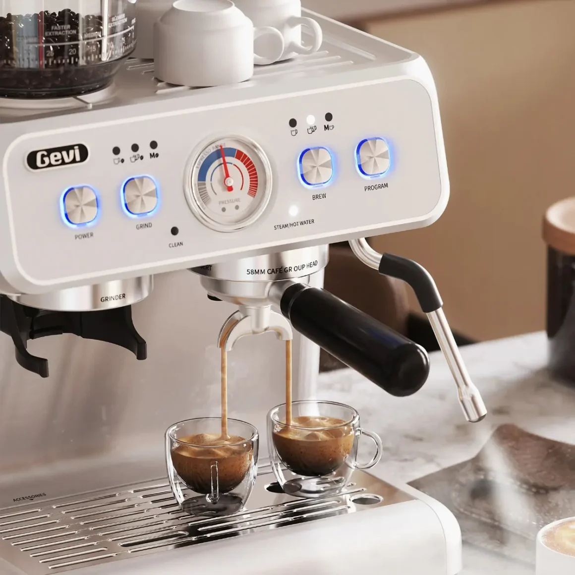 a gevi espresso machine gecme020de-u pouring coffee into two cups