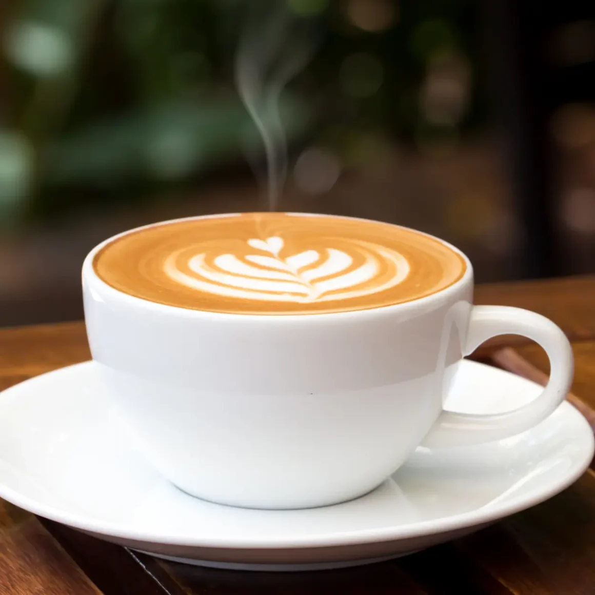 a cup of hot latte with a leaf design on top