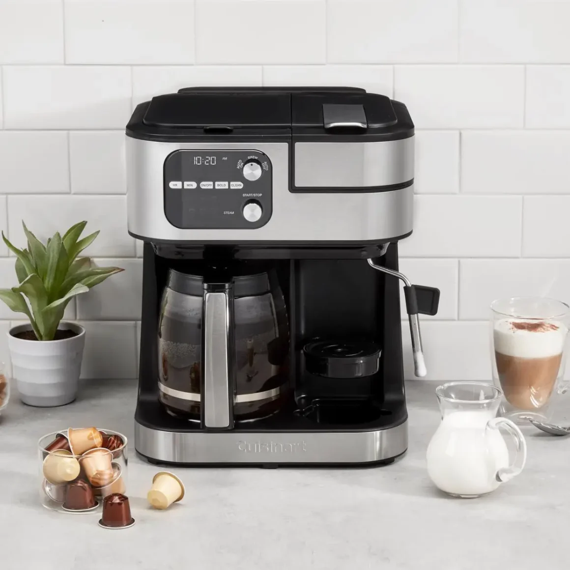 a cuisinart coffee center barista bar 4-in-1 coffee maker and cups of milk