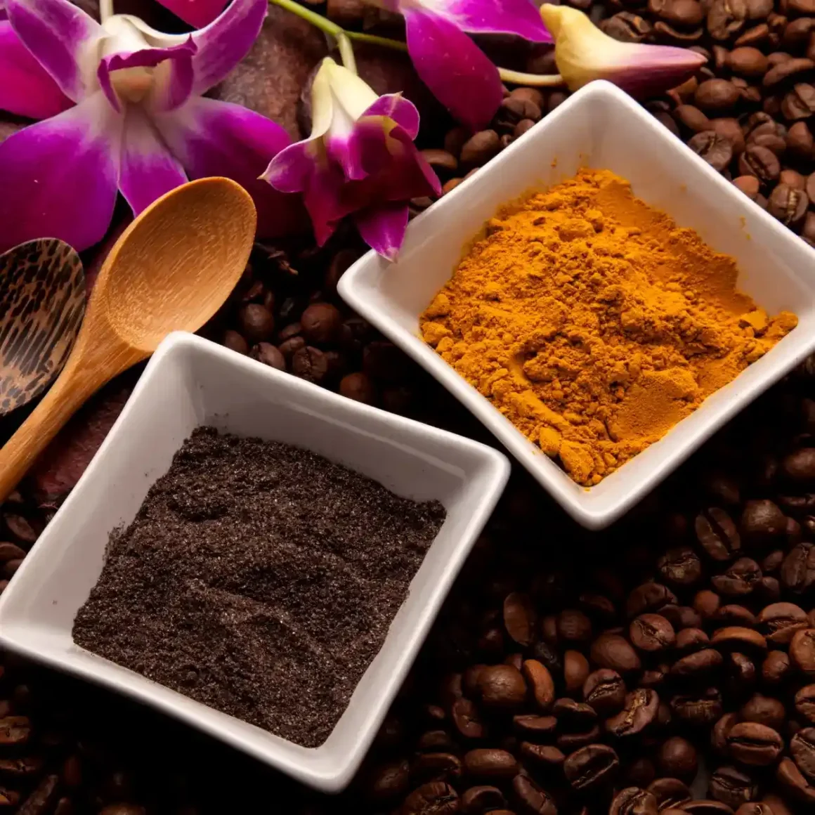 a group of bowls of ground coffee and turmeric