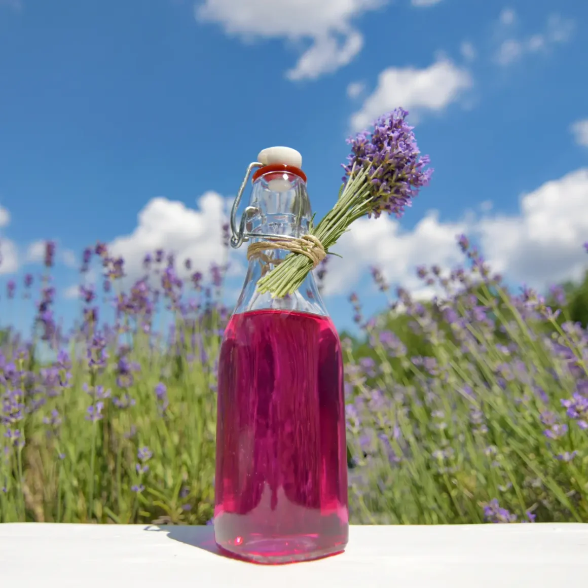 a bottle with a lavander oil in front of a field of lavender