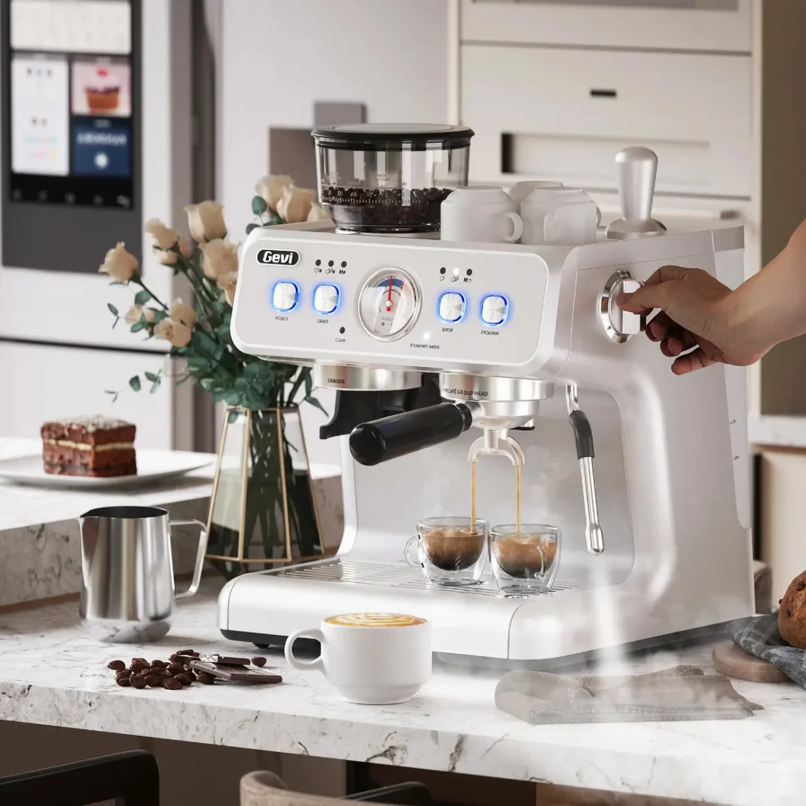 a person using a gevi espresso machine gecme020de-u