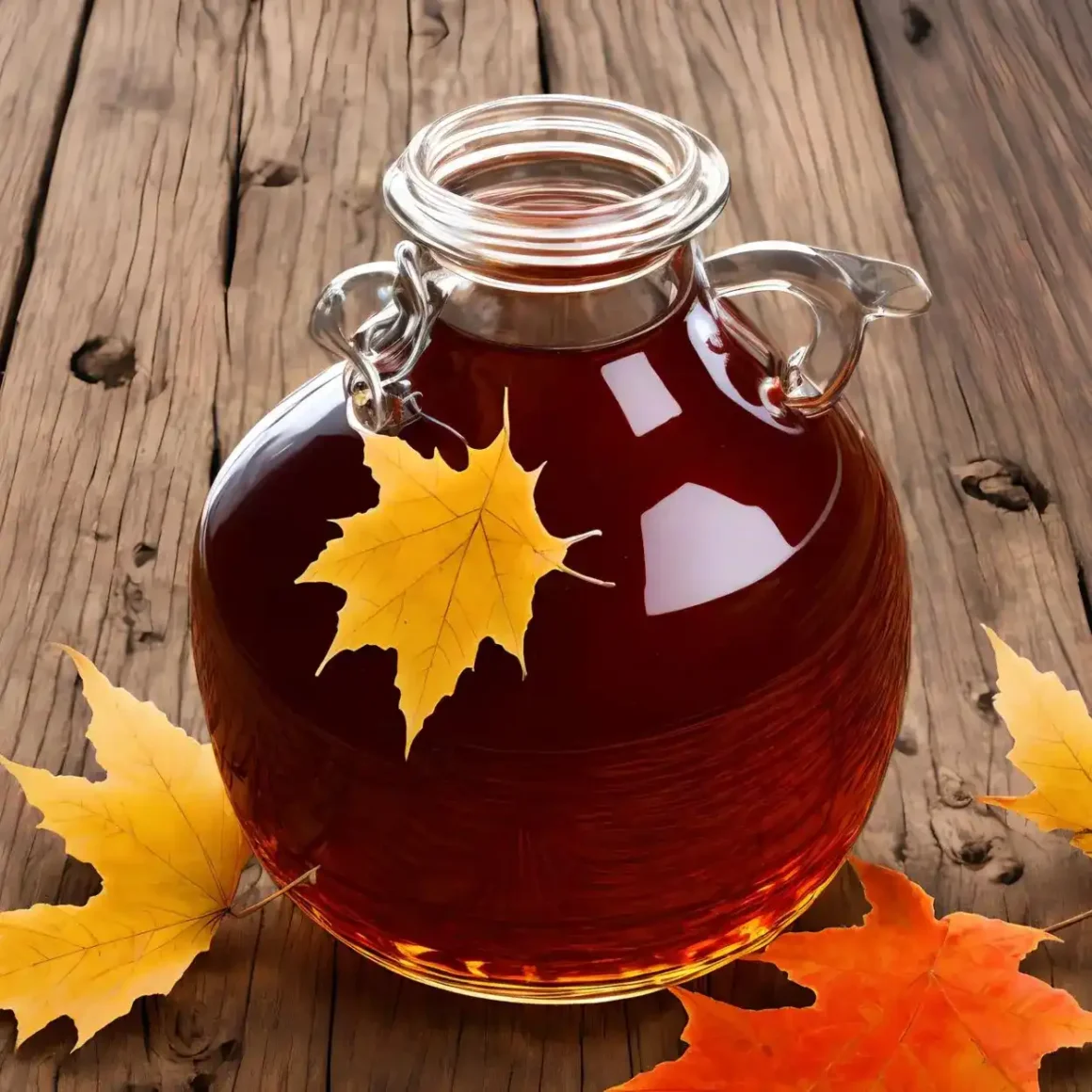 a glass jar with maple syrup in it and yellow leaves on a wood surface