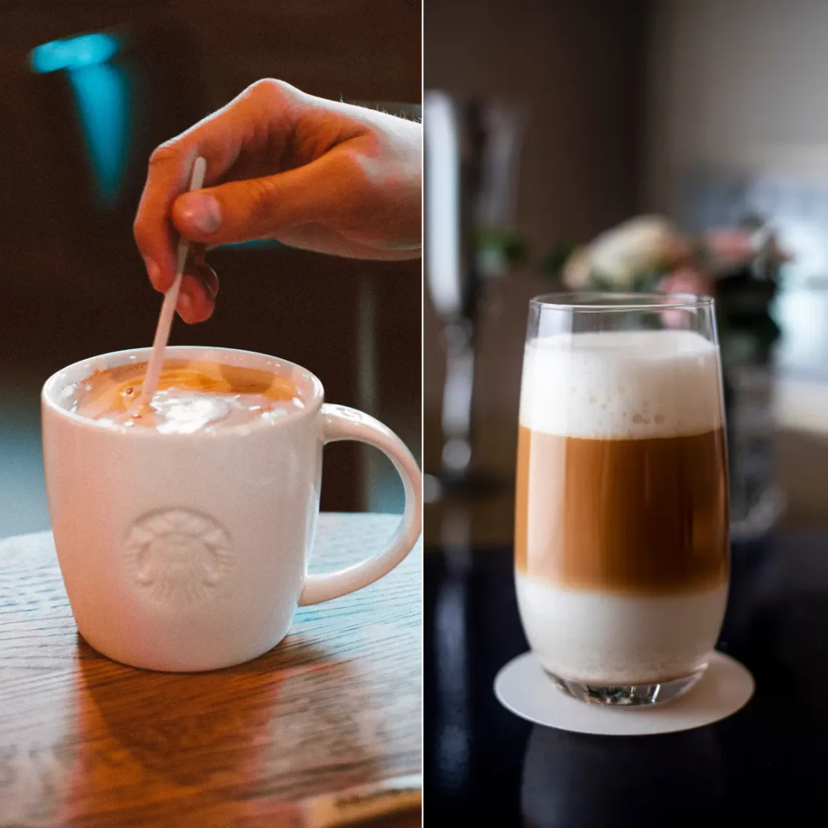 a collage of barista mixing a macchiato and a glass of layered macchiato