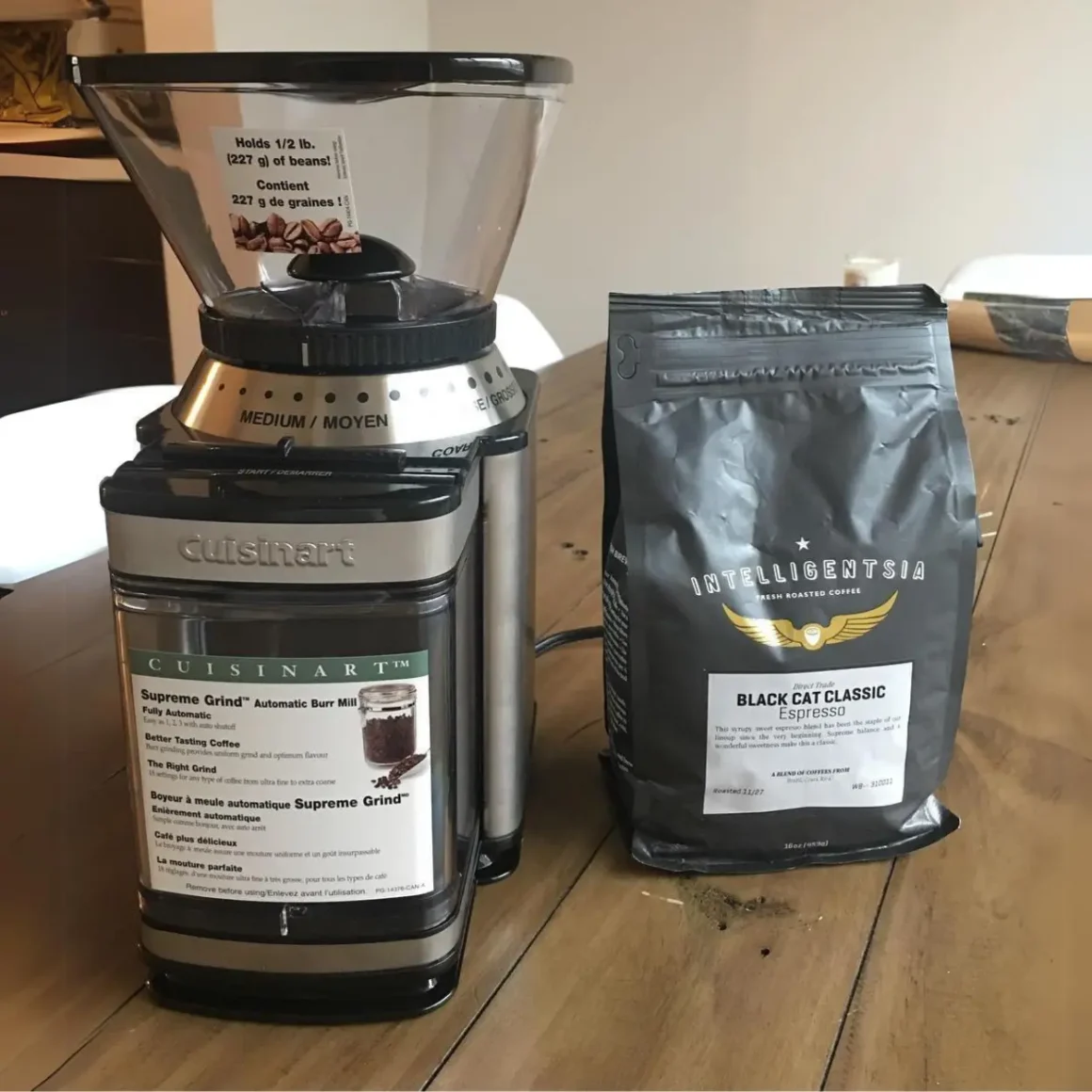 a supreme grind cuisinart burr coffee grinder and a bag of coffee