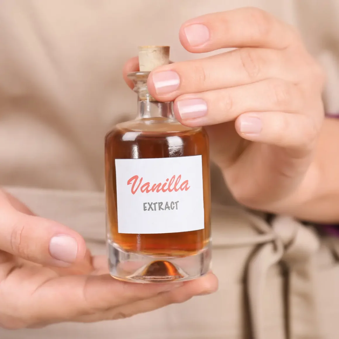 a person holding a bottle of vanilla extract