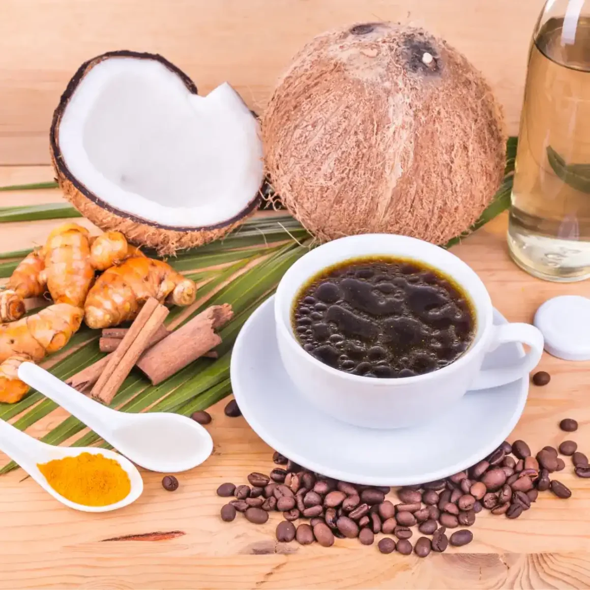a cup of turmeric coffee with spices and coconuts