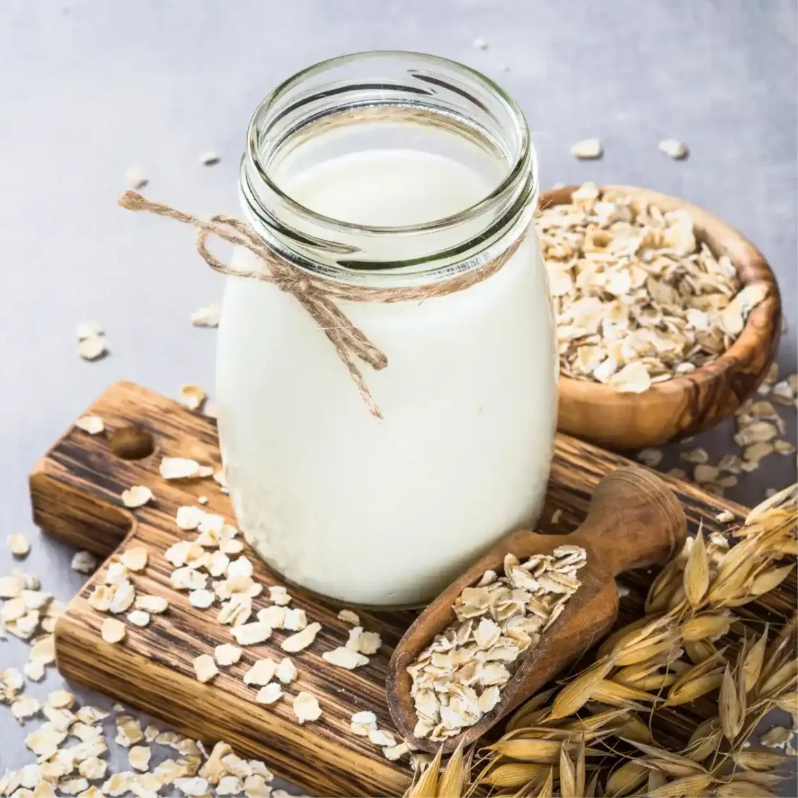a glass jar of milk and oats