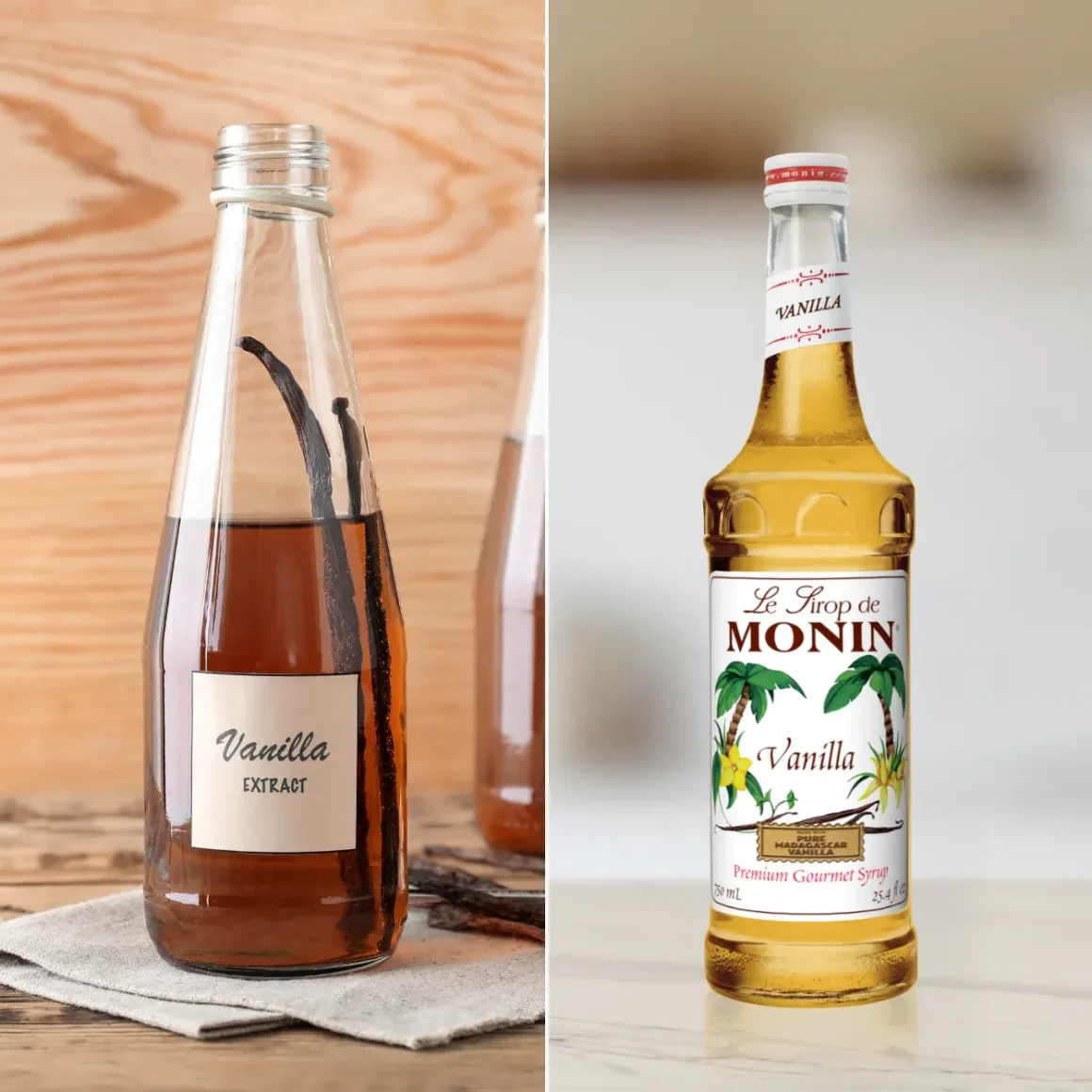 bottles of vanilla extract and vanilla syrup