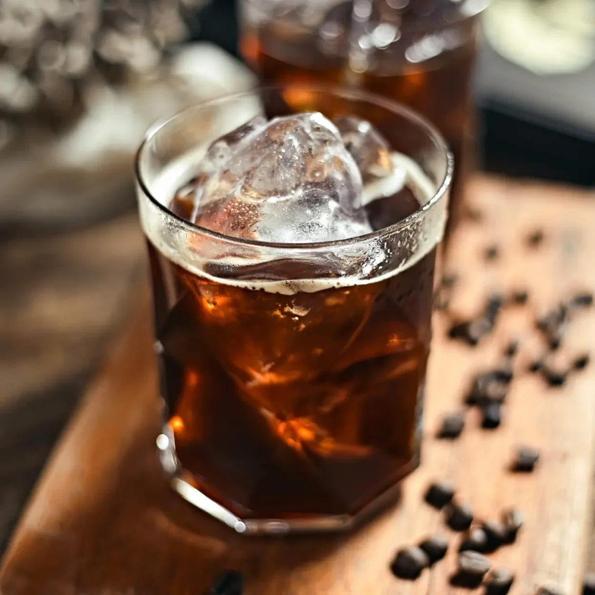 a glass of iced americano on a wooden surface