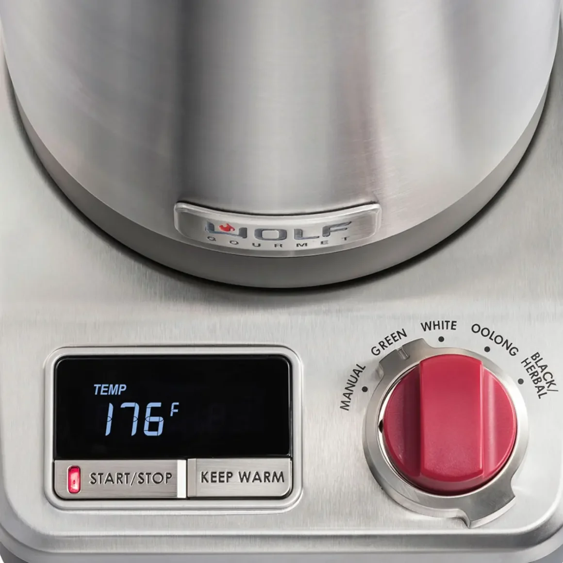 a close up of a wolf gourmet true temperature electric kettle