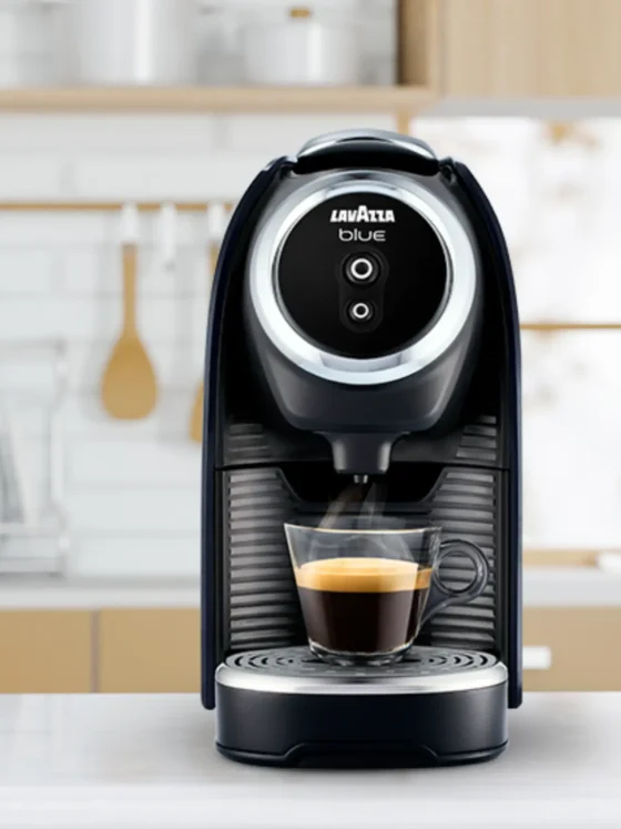 a lavazza blue classy mini coffee maker with a cup of coffee