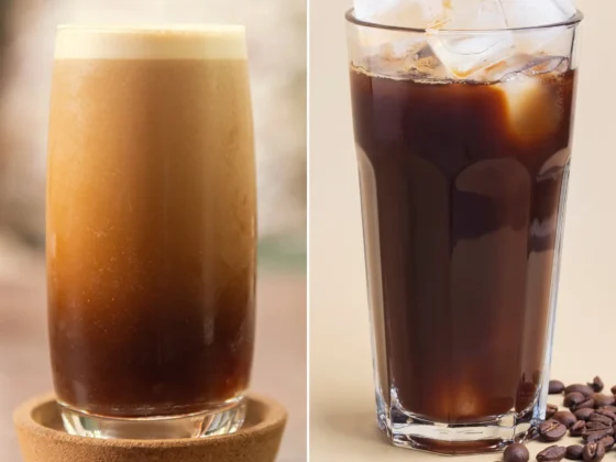 a collage of a glass of nitro cold brew coffee and cold brew coffee