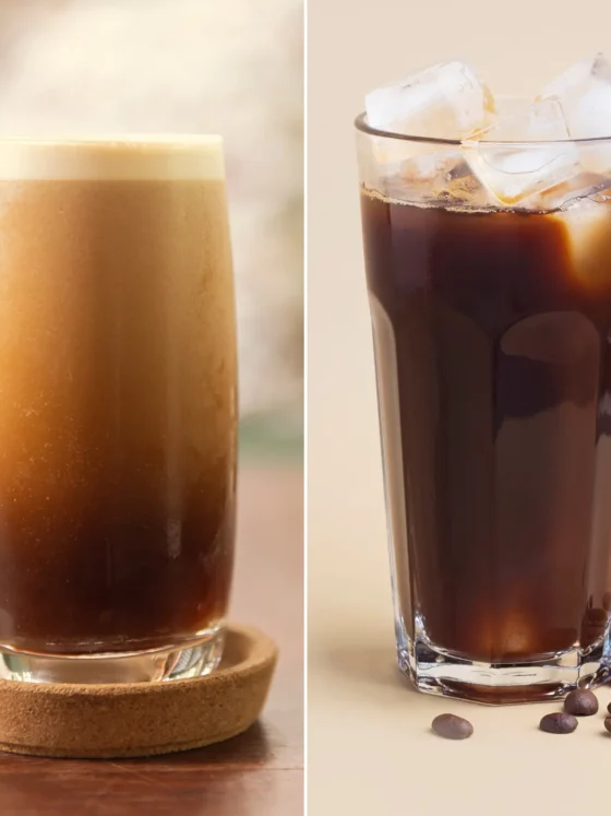 a collage of a glass of nitro cold brew coffee and cold brew coffee