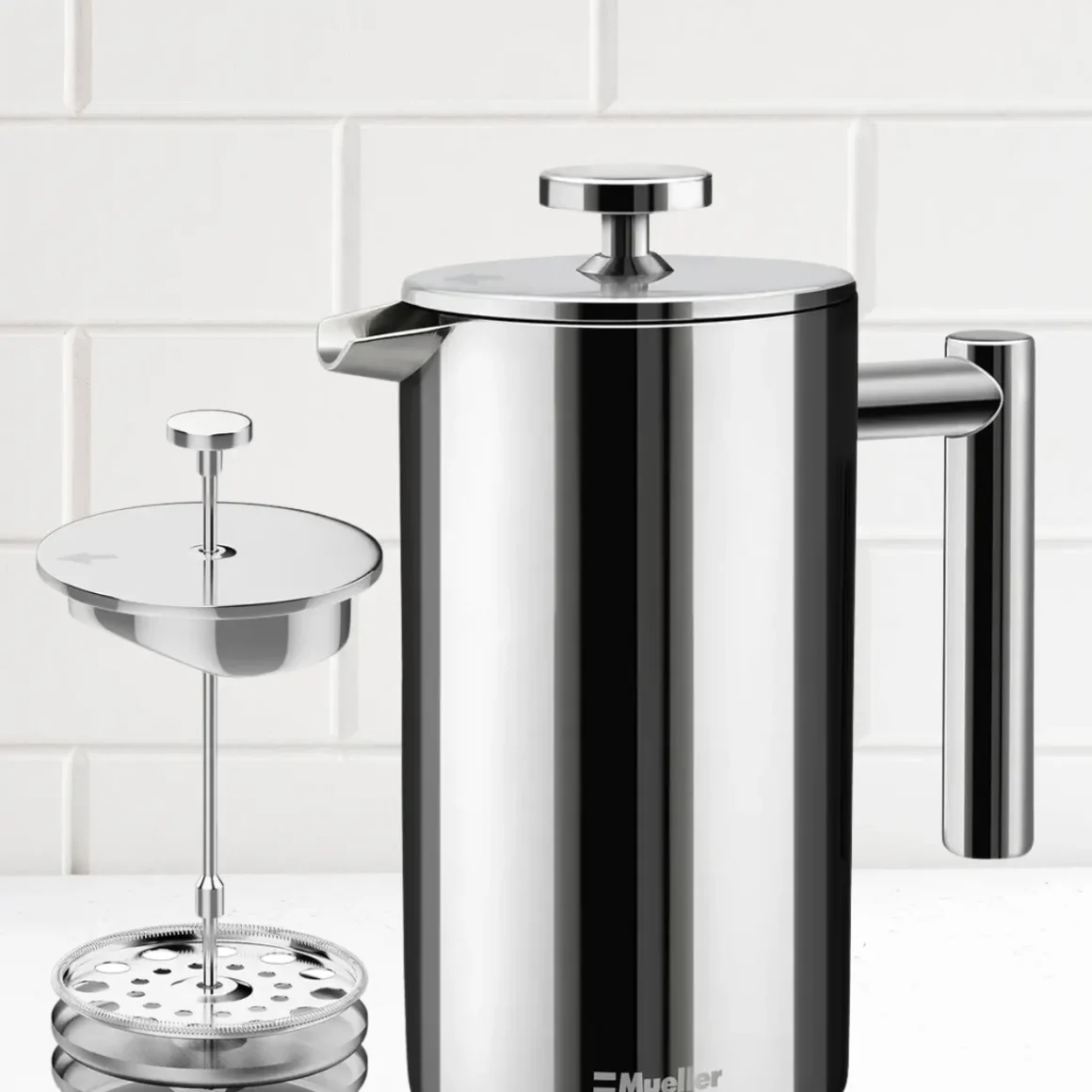 a silver mueller french press coffee maker with a lid