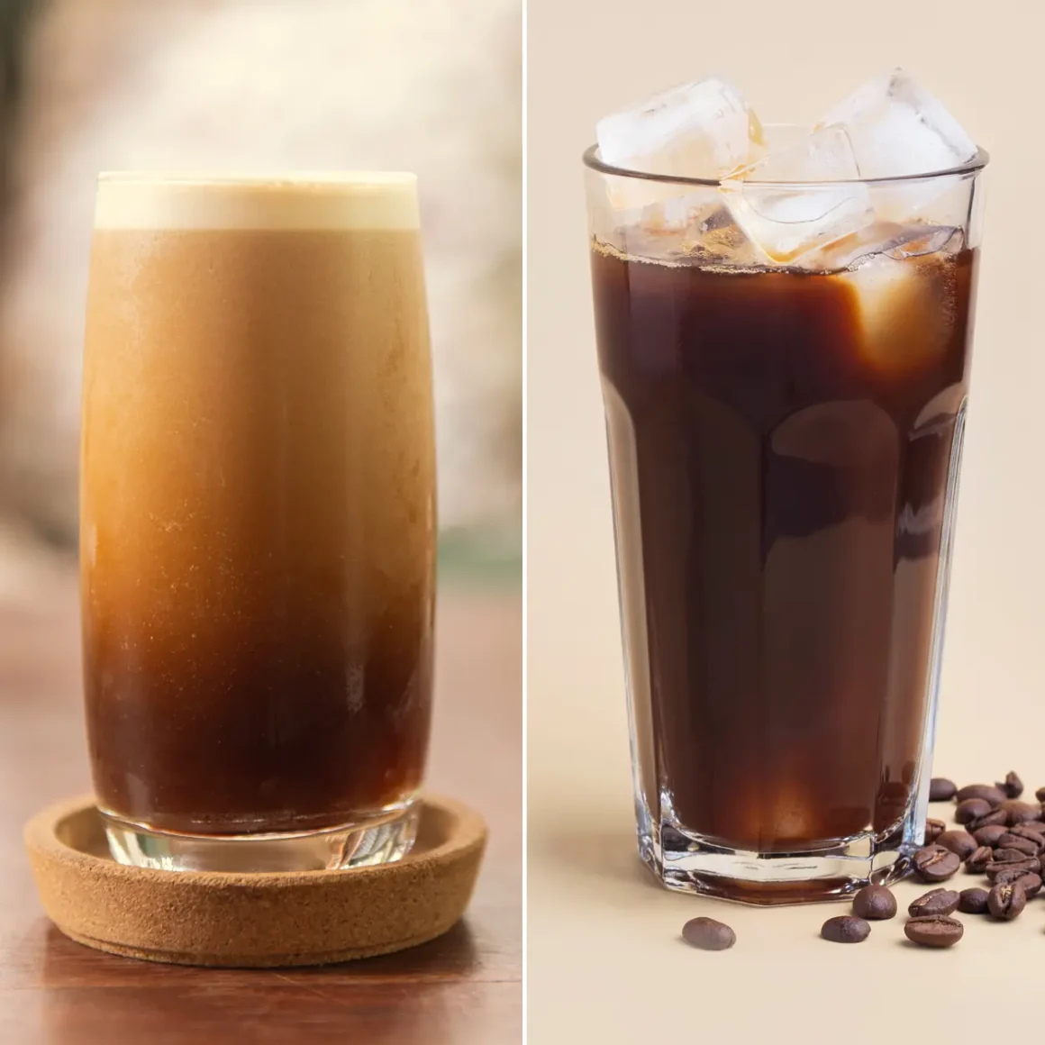 a collage of a glass of nitro cold brew coffee and cold brew coffee